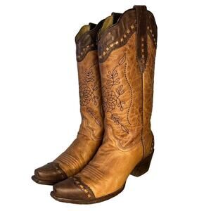 Corral Two-Tone Brown Snip Toe Floral Embroidered Cowboy Western Boots Size 8.5M